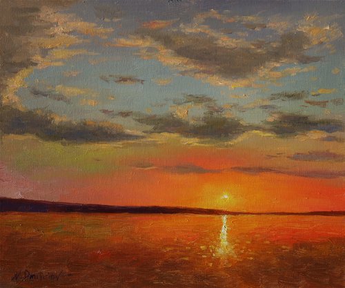 Sunset Over The Lake - original sunny landscape, painting by Nikolay Dmitriev