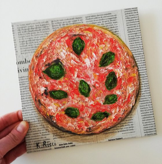 "Pizza on Newspaper" Original Oil on Canvas Board Painting 8 by 8 inches (20x20 cm)