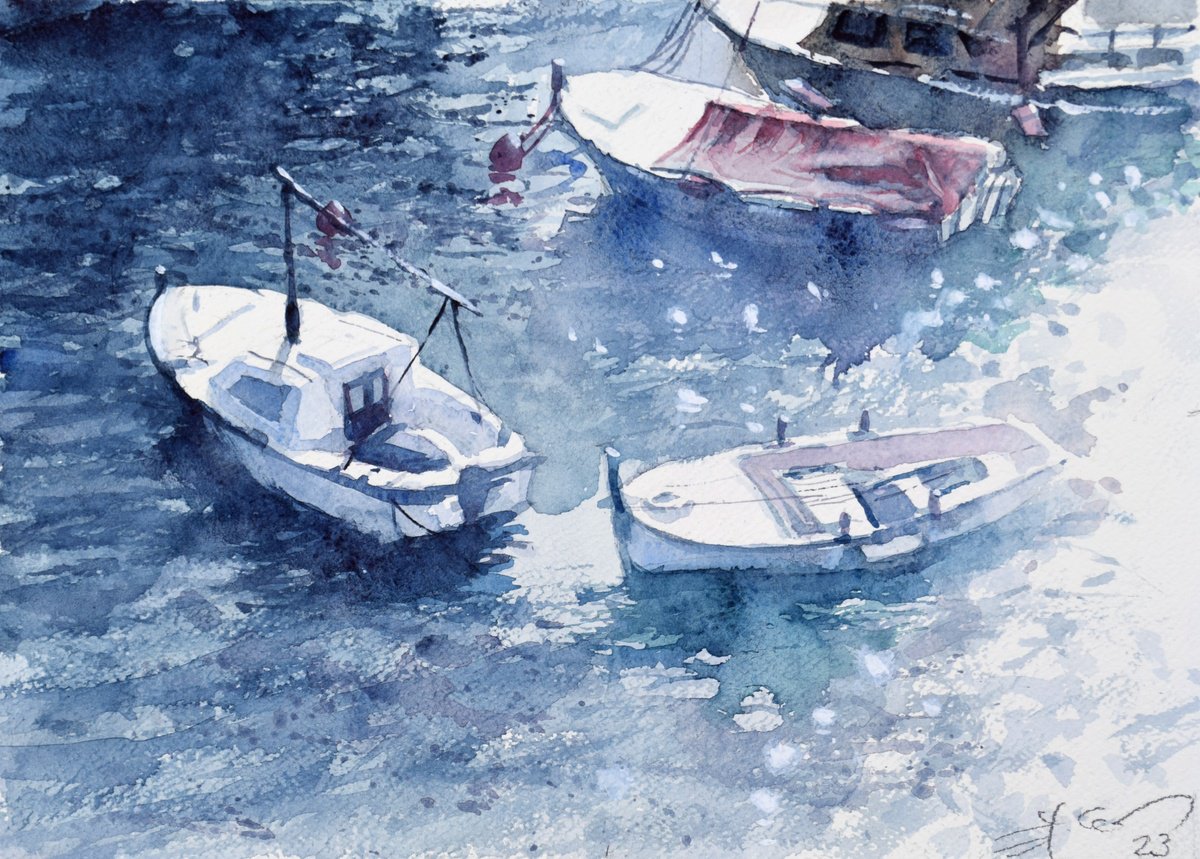 Impressionistic Landscape Watercolour By Goran Zigolic Watercolors, 15 X 11, Boats In The Harbor, Original Artwork