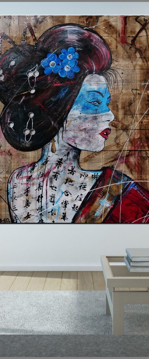 Sapphire 120cm x 150cm Geisha Book Page Urban Pop Art by Franko