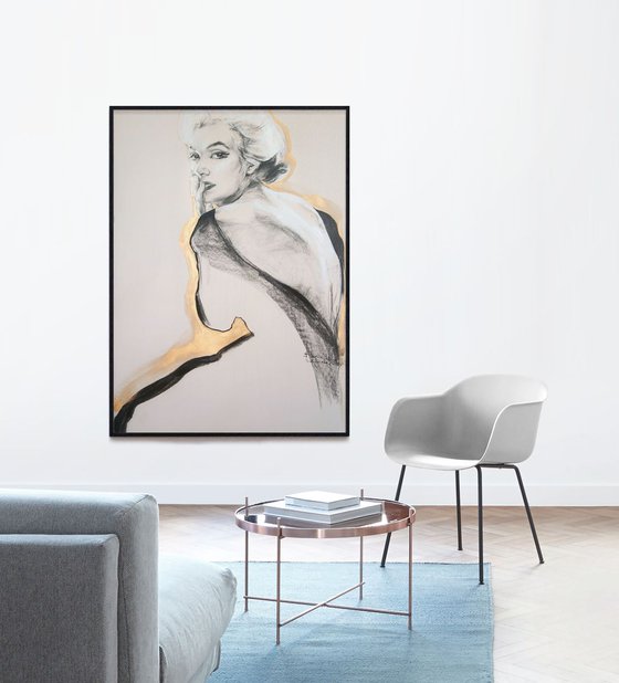 XXL drawing Golden Marilyn Monroe #1/Charcoal Modern Expressive Drawing Portrait /Celebrity/Portrait
