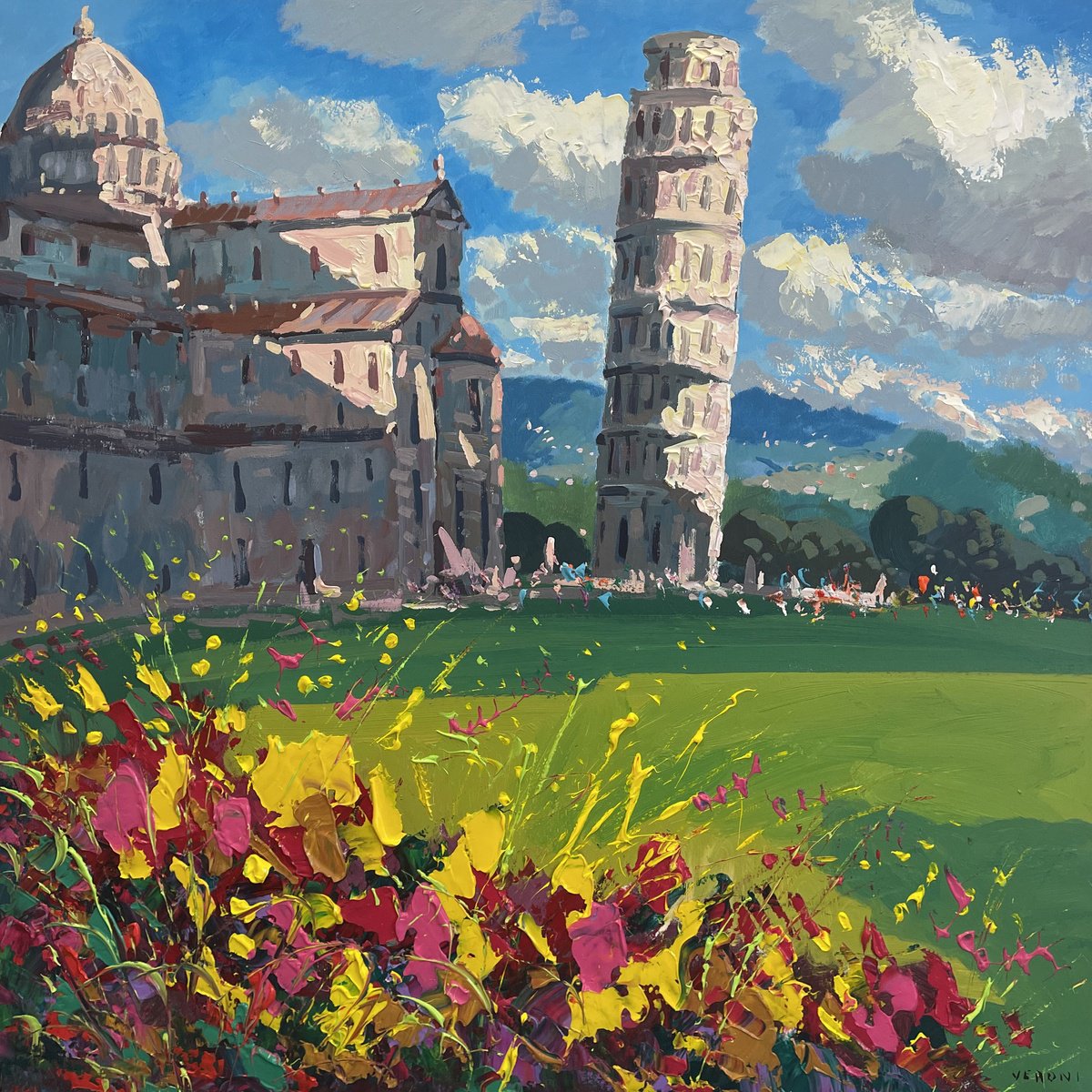 Expressive Cityscapes Oil Painting By Agostino Veroni, 36 X 36, Tower Of Pisa Oil Painting On Canvas, Original Artwork