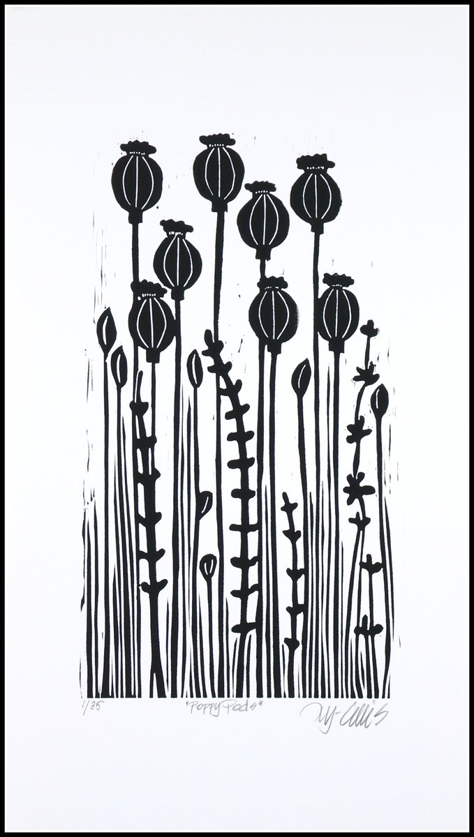 Botanical Linocut By Mariann Johansen-Ellis, 12 X 21", Poppy Pods, Original Artwork