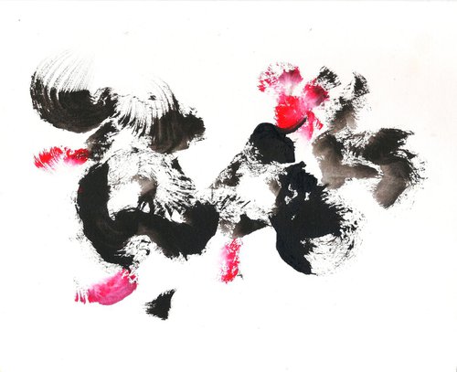 Rooster painting cock-fight Chinese Ink Zen Art  Ink & Acrylic on paper -9.25"x 7.4" by Asha Shenoy