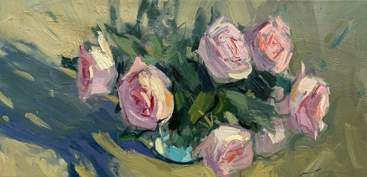 Expressive Botanical Oil Painting By Ivan Dragan, 24 X 12, Roses, Original Artwork