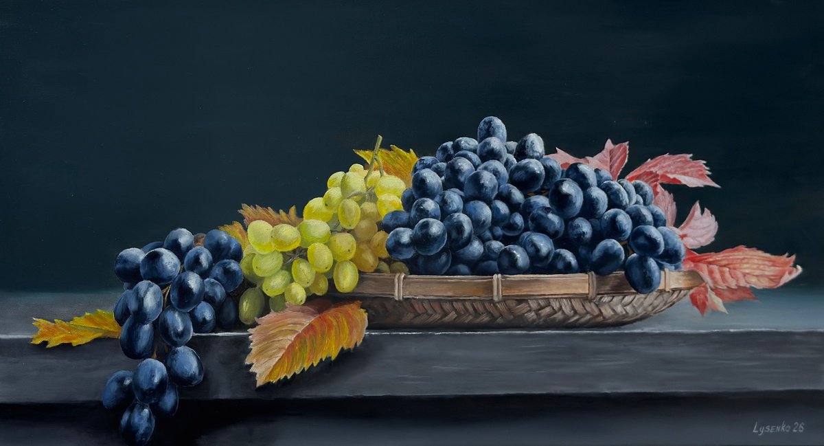 Photorealistic Oil Painting , Sweet Grapes By Andrii Lysenko, 36 X 18, Artwork For Sale On Artfinder