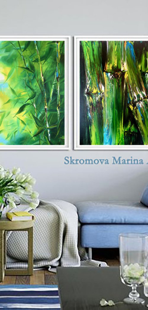 GREEN PORTAL - Set. Modern diptych with a green leaves. Painting with a wood landscape on canvas. Green bamboo oil painting. by Marina Skromova