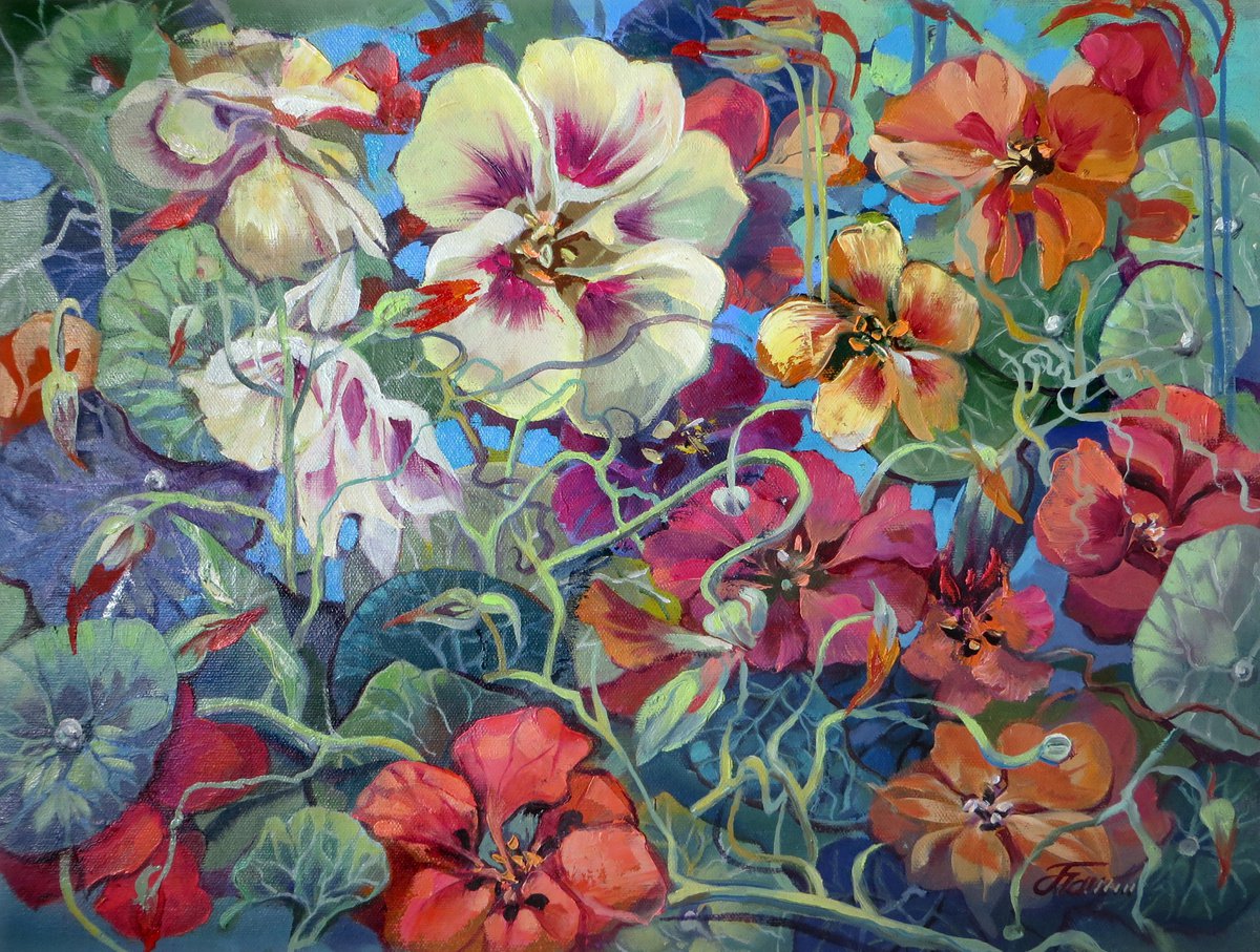 NASTURTIUM. Bright summer, 34x45, oil on canvas was not stretched by Olga Panina