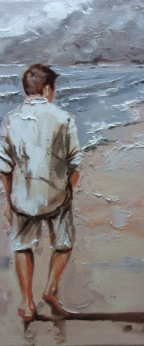 " RANDEZVOUS ... "- SKY SEA SAND liGHt  ORIGINAL OIL PAINTING, GIFT, PALETTE KNIFE by Monika Luniak