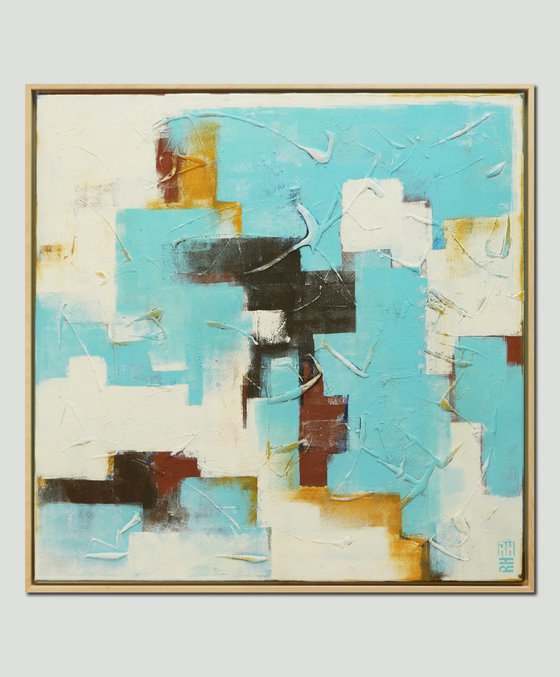 Abstract Painting - White and Turquoise Art - With frame 28J