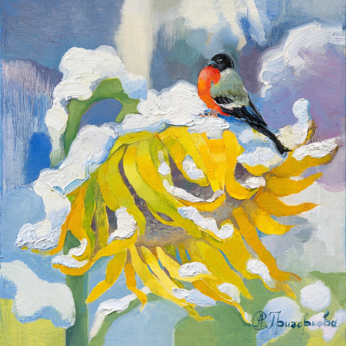 Impressionistic Landscape Oil Painting By Anastasiia Grygorieva, 16 X 16, Winter Day Of Summer Sunflower, Original Artwork