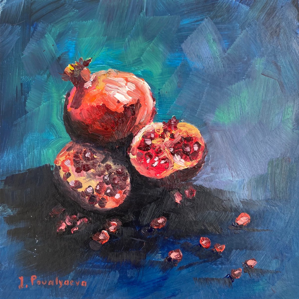 Pomegranates on blue original oil painting, red and blue one of a kind, small, gift idea by Irina Povaliaeva
