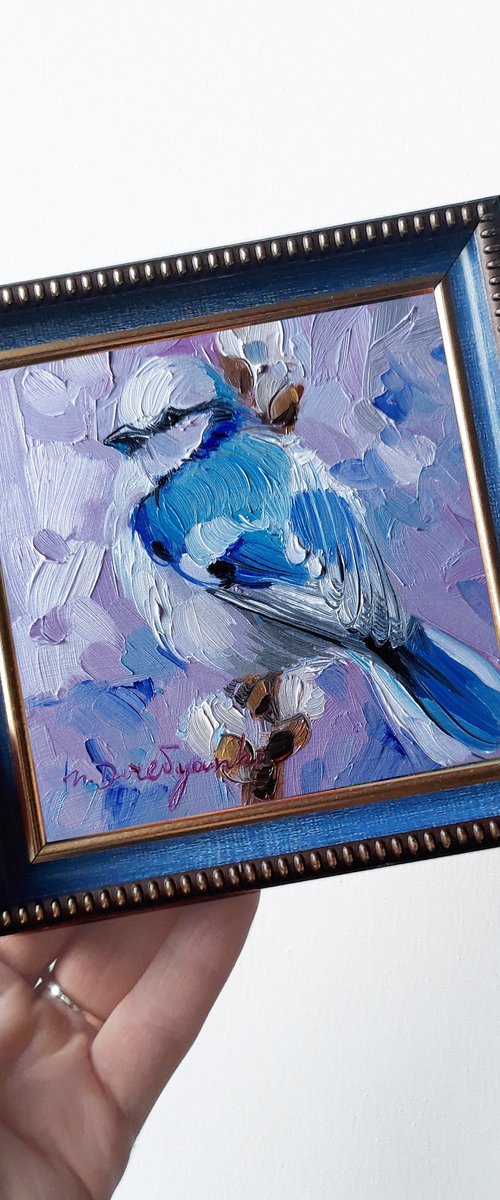 Bird painting oil original 4x4, Azure tit bird art painting framed, Small painting for bird lovers - Keep life simple by Nataly Derevyanko
