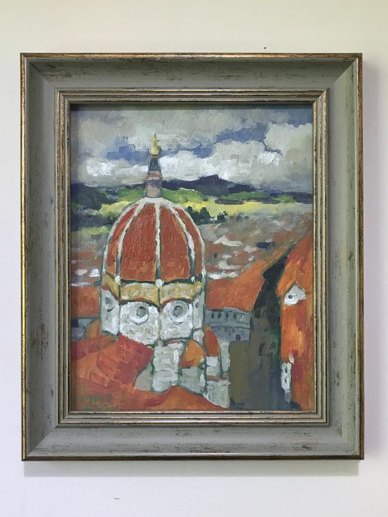 Original Oil Painting Wall Art Signed unframed Hand Made Jixiang Dong Canvas 25cm × 20cm Cityscape Florence Duomo Small Impressionism Impasto