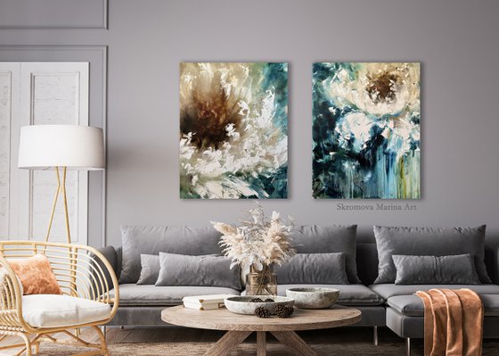 STUNNING COUPLE - Set of 2 abstract flowers. Peony diptych. Macro. Textural painting. 3D flowers. Regal. Elegant. Awesome.