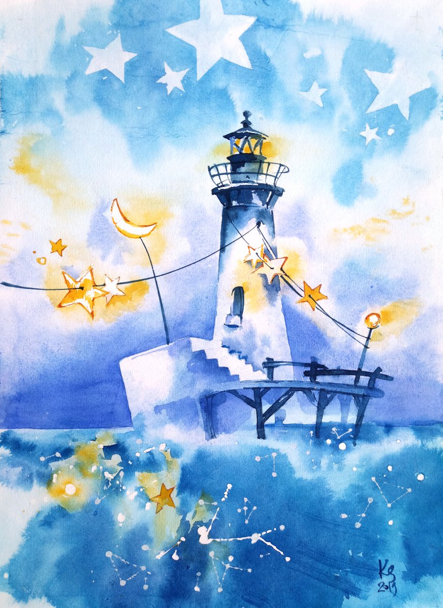 Evening lighthouse Original seascape watercolor painting by Ksenia Selianko