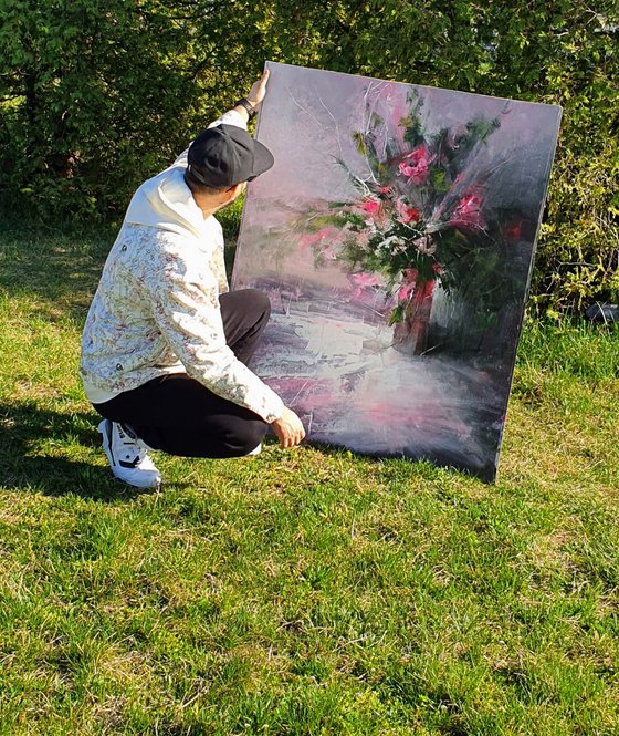 " Vase of pink flowers " W 97 x H 121 cm