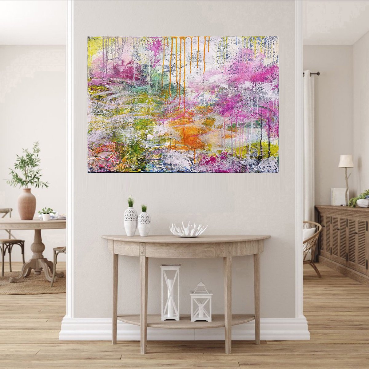 Organic Abstract Acrylic Painting By Susan Wooler, 28 X 20", Summer Meadow, Original Artwork
