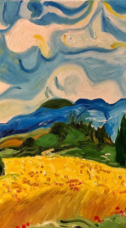 Wheatfield with Cypresses by Kat X