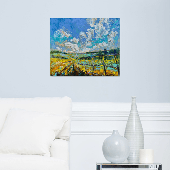 Fields - Yellow mood, 50*60 cm, impasto impressionistic landscape oil painting in yellow and blue colours