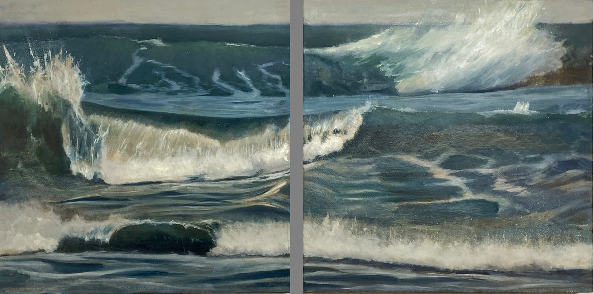 Photorealistic Landscape Oil Painting By Dennis Crayon, 40 X 20, Refreshed By The Sea (Diptych), Original Artwork