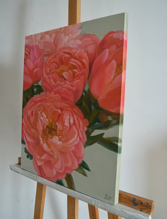 Peach Peonies Oil Painting Flower bloom gift for her Floral art