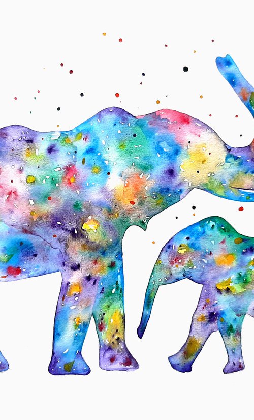 Family of elephants, colorful watercolor animals by Luba Ostroushko