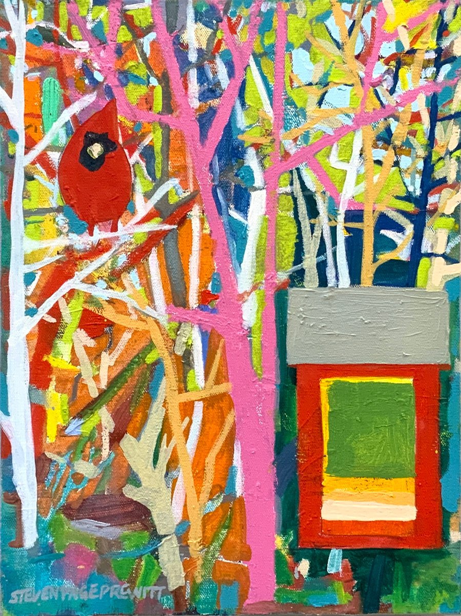 Impressionistic Abstract Oil Painting By Steven Page Prewitt, 12 X 16", Cardinal And A Red Barn Feeder, Original Artwork