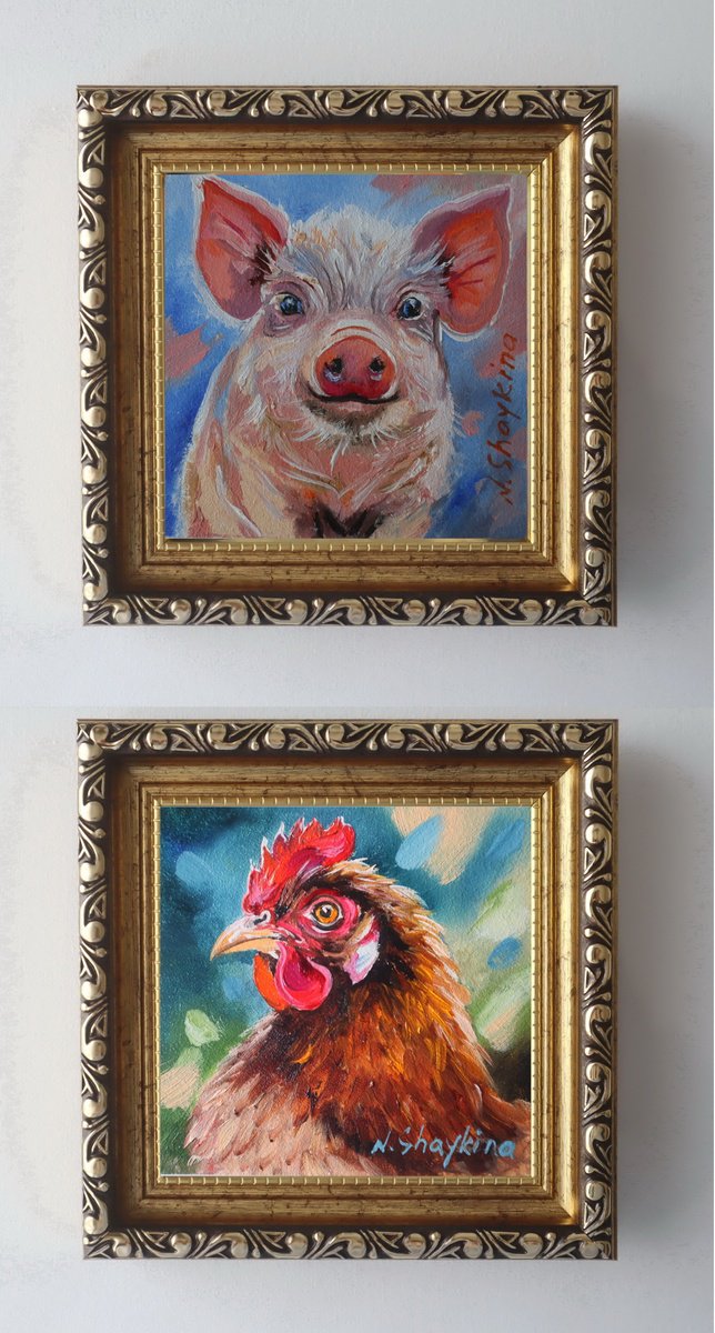 Impressionistic Animal Oil Painting By Natalia Shaykina, 5 X 5", Piglet And Hen Duo, Original Artwork