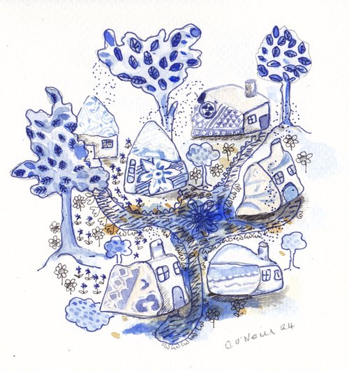 Blue and White Beach Pottery Village by Catherine O’Neill