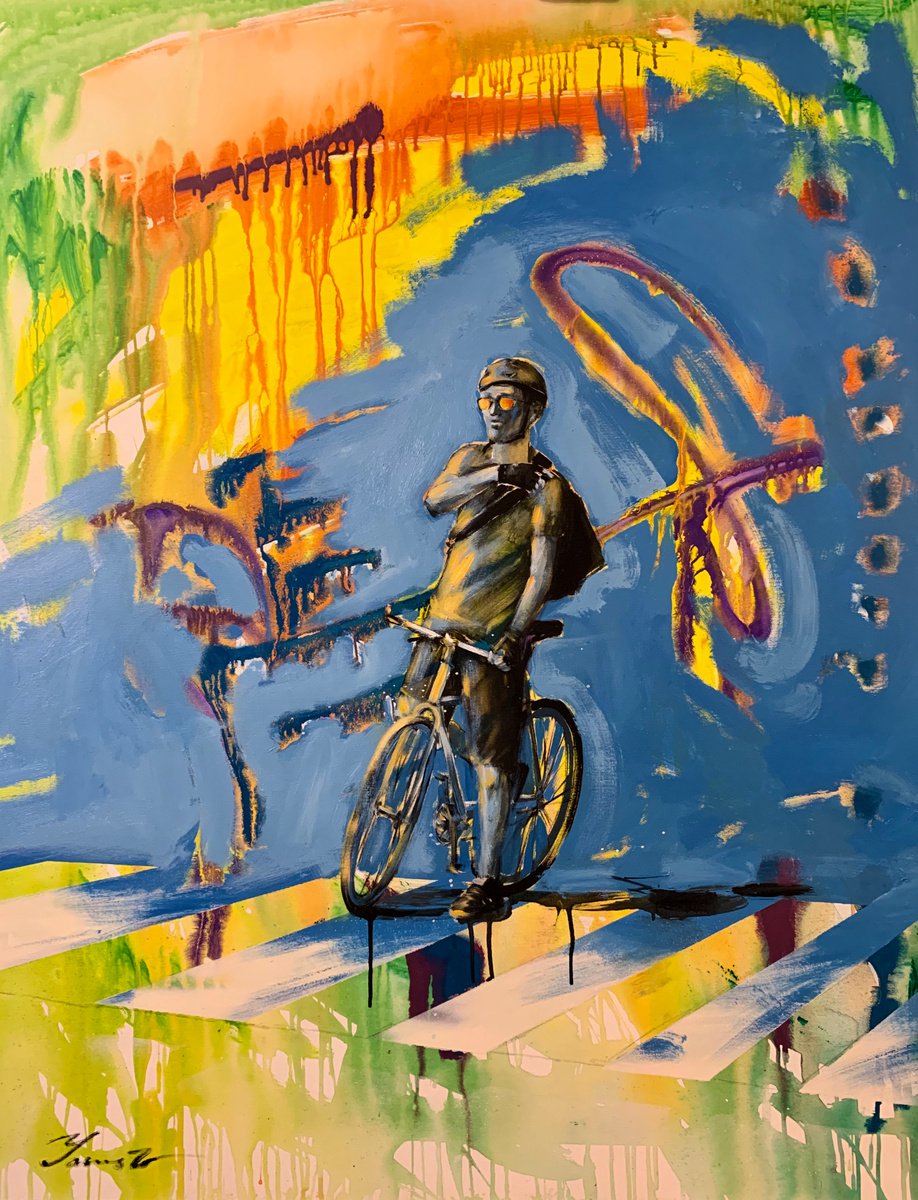 Urban And Pop Portrait Acrylic Painting By Yaroslav Yasenev, 37 X 47", Cyclist On Sunset, Original Artwork