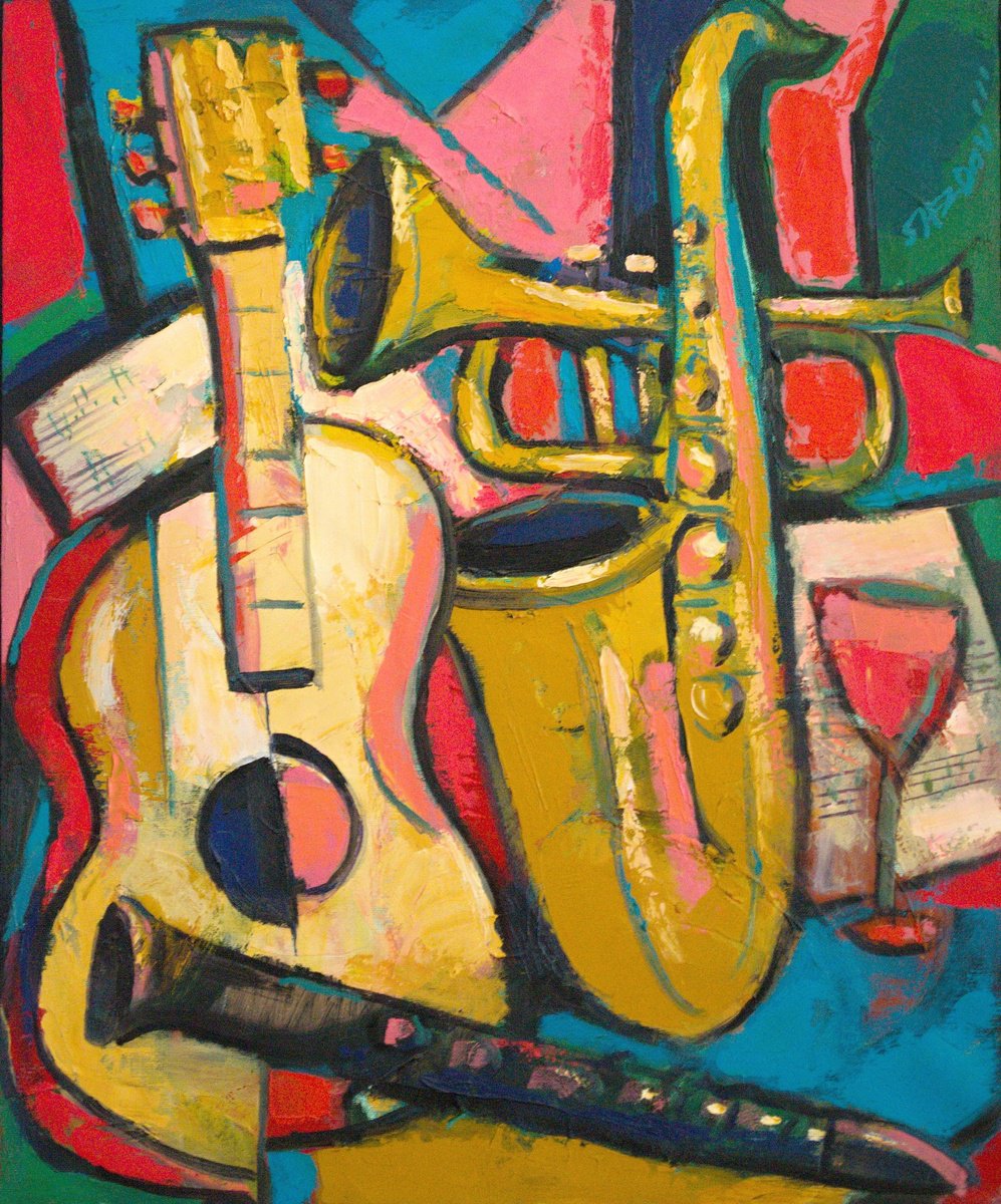 Expressive Still Life Oil Painting By Rumen Sazdov, 20 X 24", Feast In The Rehearsal Room, Original Artwork