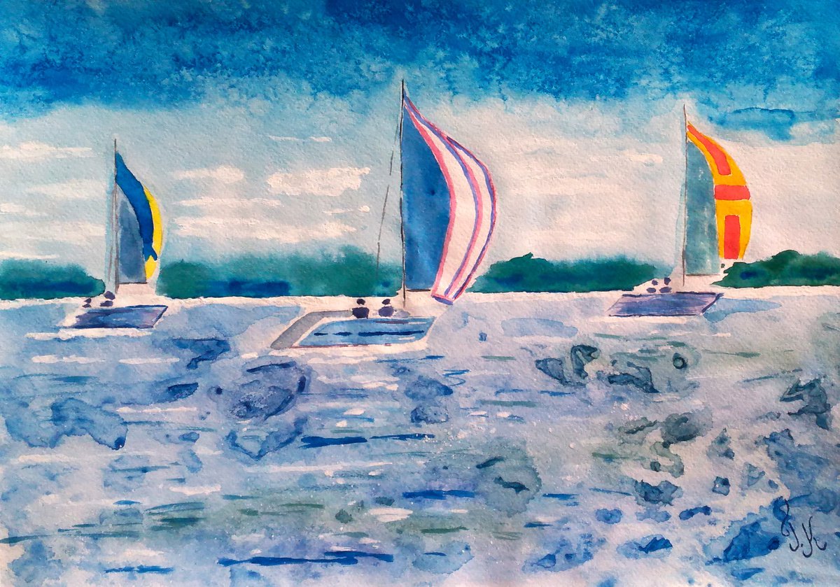 impressionistic watercolor waterscape yacht race original watercolor On the blue vawes by Halyna Kirichenko