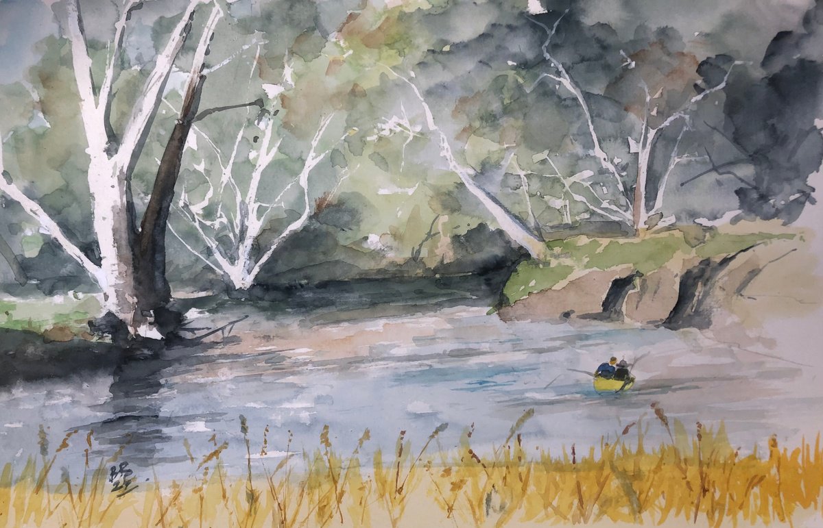 Impressionistic Landscape Watercolour By Bernd Rieve, 16 X 11, A River Somewhere Iii, Original Artwork