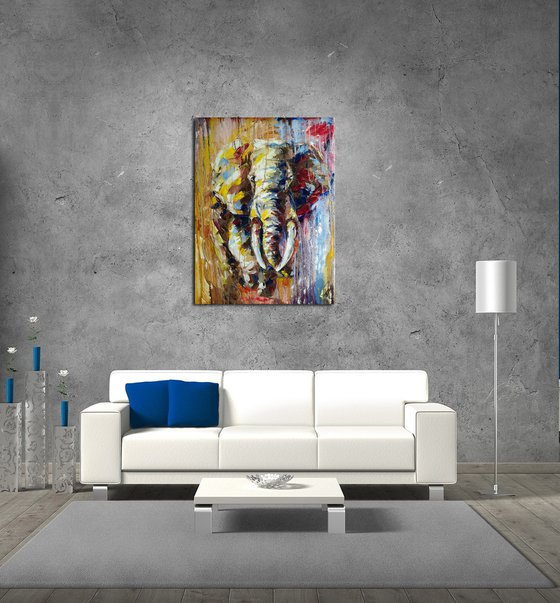 African motifs - african elephant, elephant, Africa, painting on canvas, animals oil painting, Impressionism, palette knife, gift.