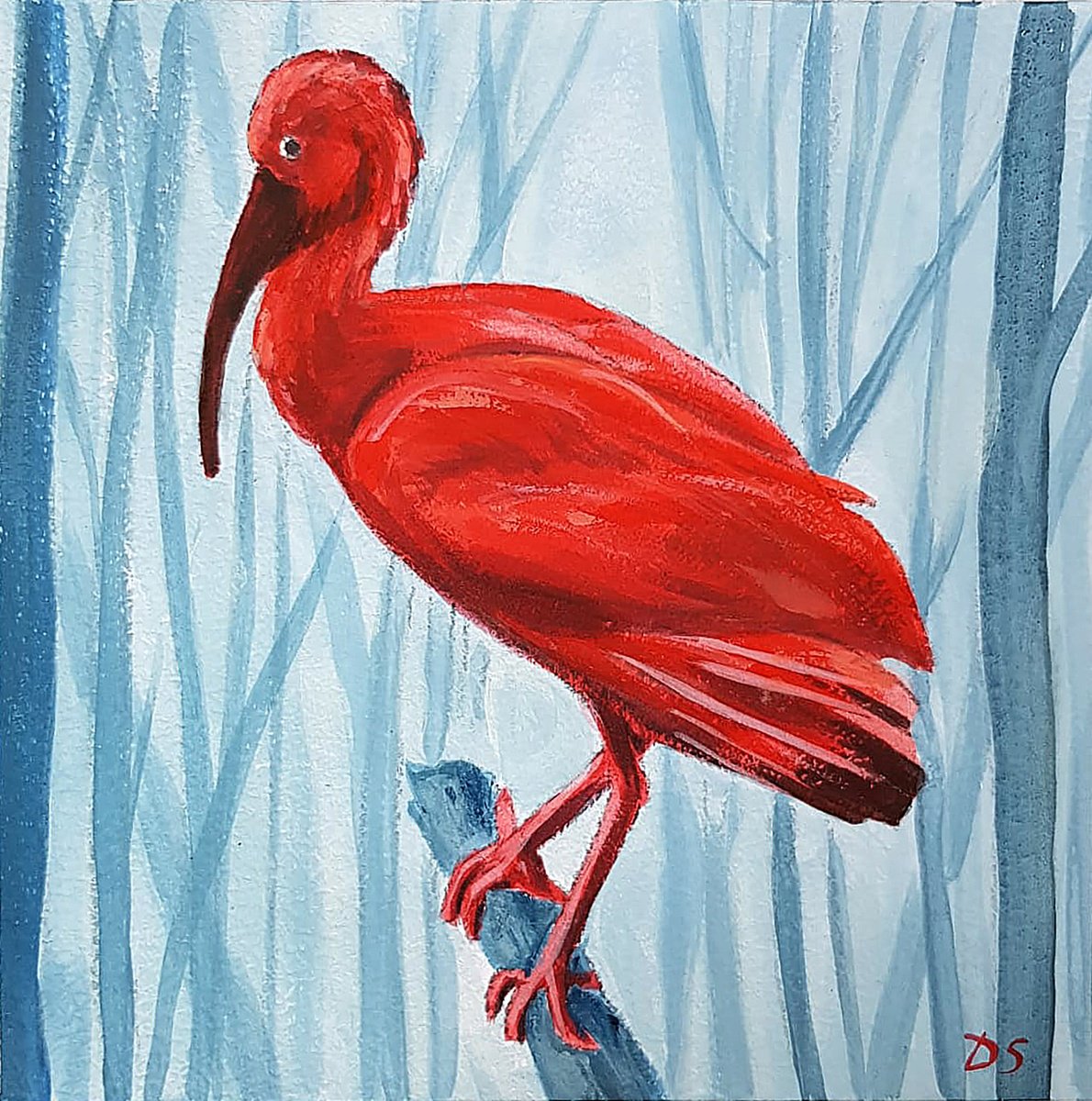 Illustrative Animal Acrylic Painting By Daria Startseva, 7 X 7, Scarlet Ibis Sitting, Original Artwork