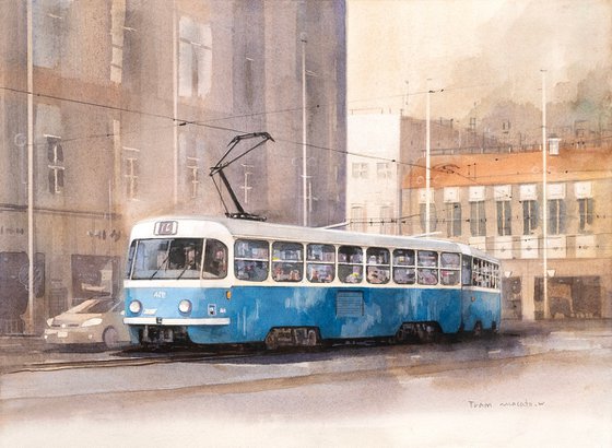 Two-Car Blue Tram - 40x30cm Watercolor