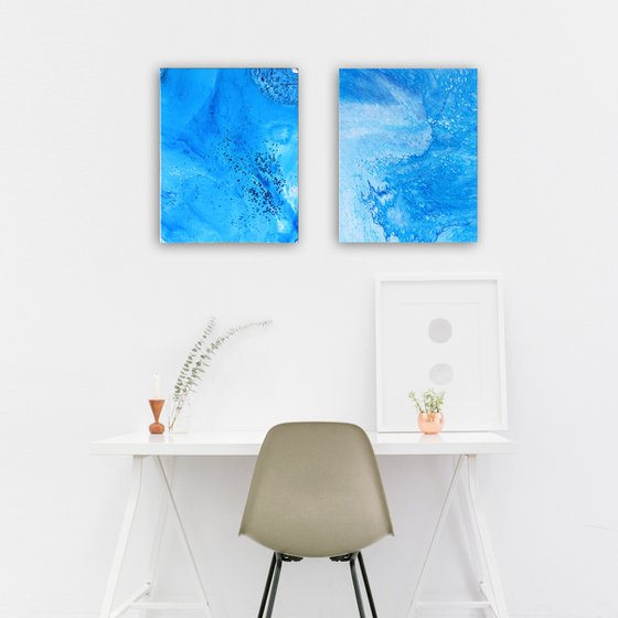 "My Blue Heaven" - FREE USA SHIPPING - Original PMS Abstract Diptych Fluid Acrylic Paintings On Canvas - 32" x 20"