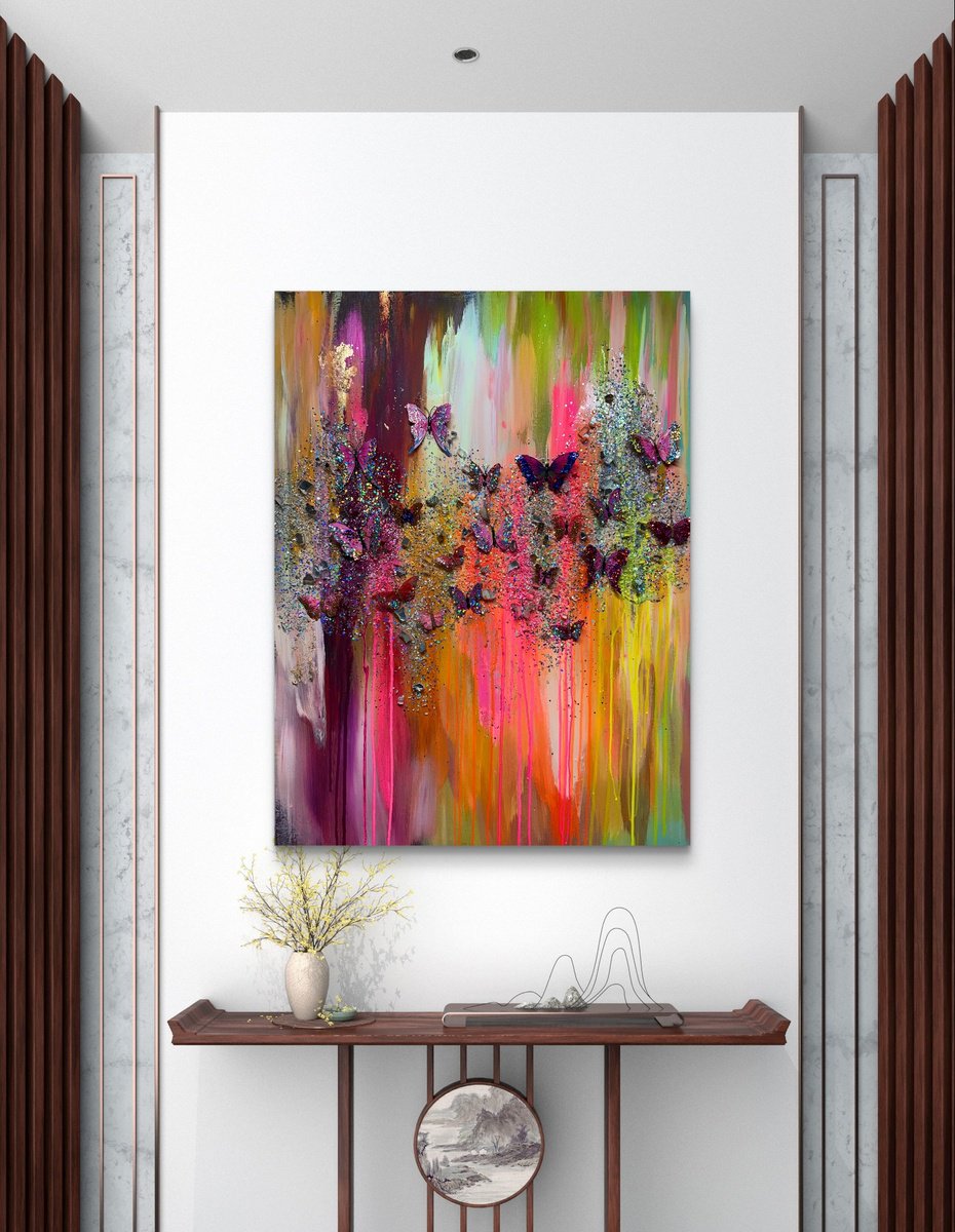 Abstract Painting By Henrieta Angel, 30 X 40, Pink Butterflies, Original Artwork