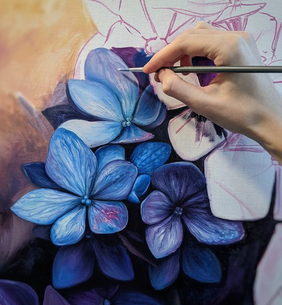 Hydrangea | Realism blue and violet flowers