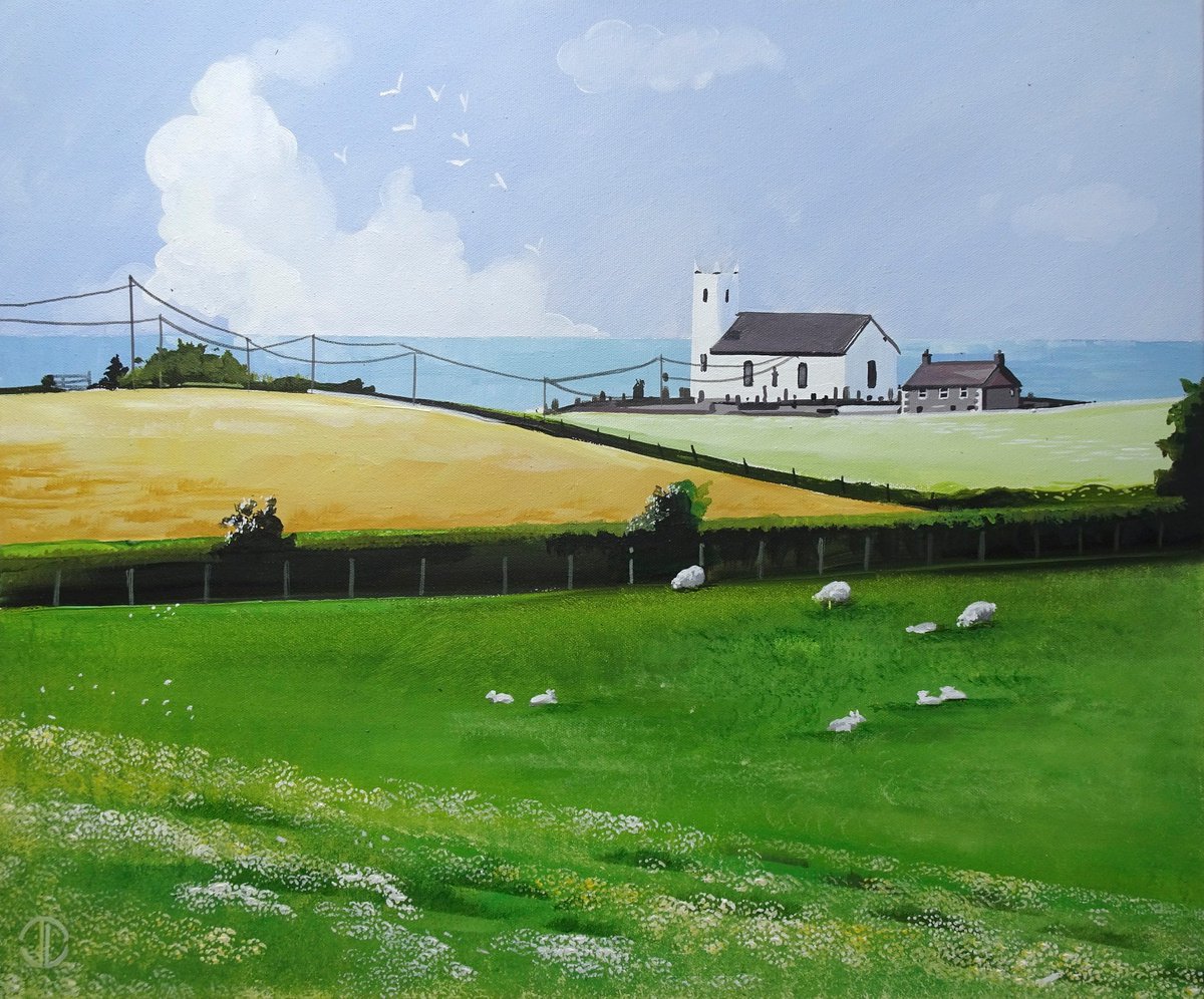 Impressionistic Landscape Acrylic Painting By Joseph Lynch, 24 X 20, Church Of Ireland Ballintoy, Original Artwork