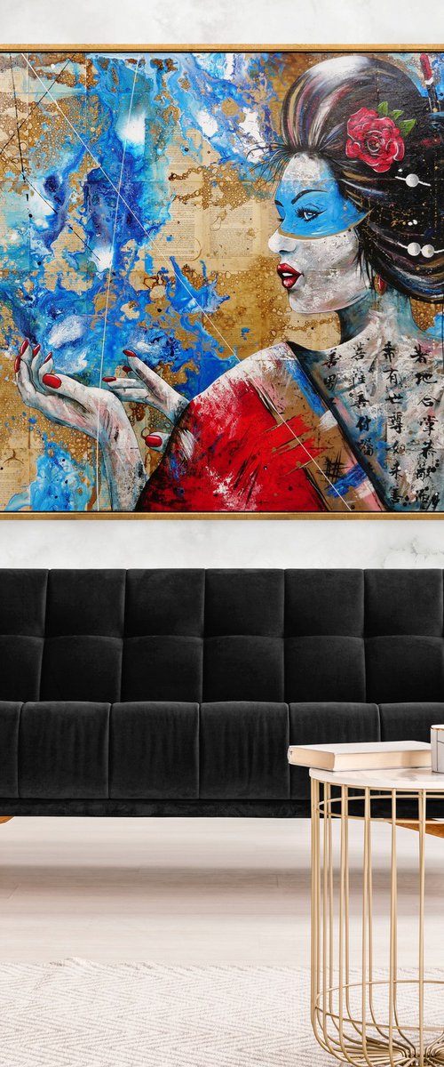 Safaia 200cm x 120cm Geisha Book Page Abstract Realism Art by Franko