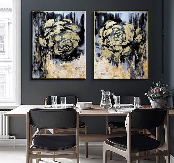 Golden Black abstract painting. Black and gold abstraction flower.  AMAZING GOLD