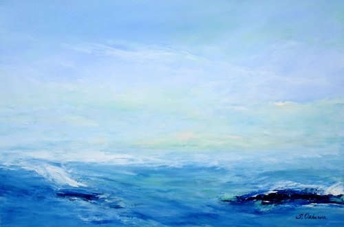 Large Abstract Seascape Painting #810-44. Dark blue, grey, teal, white. Beach, ocean, waves, sky with clouds. by Sveta Osborne