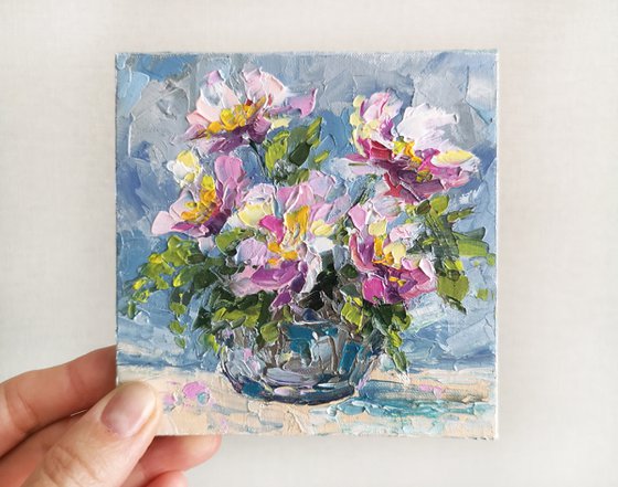 Peony bouquet in vase. Impressionist flowers stilll life. Small floral artwork