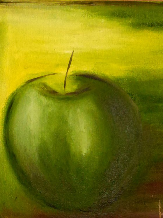 Apple Painting Fruit Original Art Green Apple Oil Canvas Artwork  Small Still Life Wall Art 8 by 8" by Halyna Kirichenko