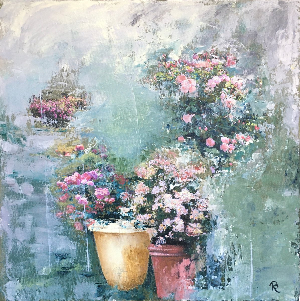 Organic Botanical Painting By Rebecca Pells, 16 X 16", Roses Galore!, Original Artwork