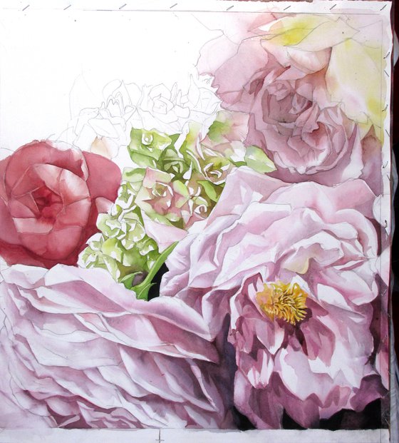 roses with hydrangea watercolor