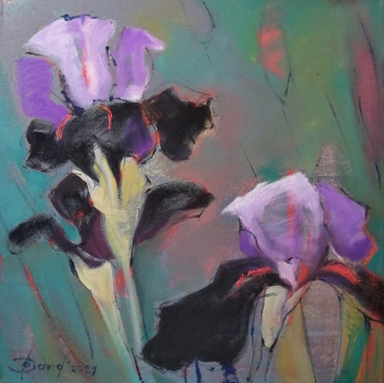 Black purple irises. Flower art