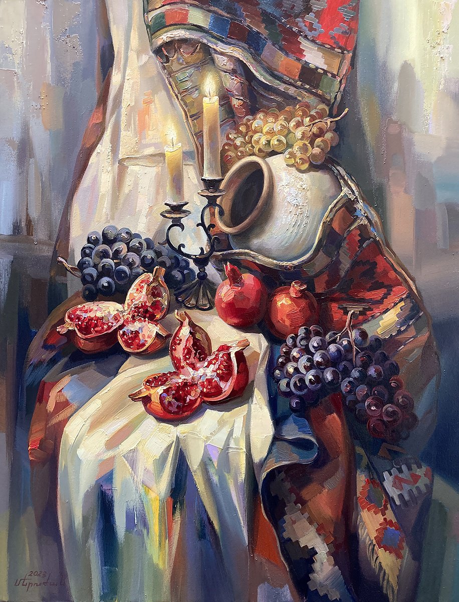 Impressionistic Still Life Oil Painting By Meruzhan Khachatryan, 28 X 35", Pomegranates And Candles, Original Artwork
